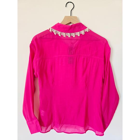 NWT Gracia Pink Fuchsia Button-Down Blouse w/ Pearl Beaded Collar Sz S - Picture 2 of 3